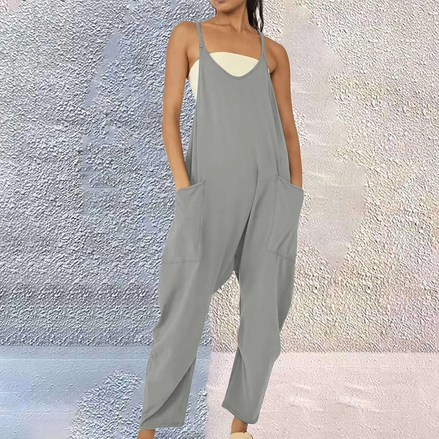 Summer Jumpsuits for Women 2025 Plus Size Sleeveless Overalls Casual Loose Comfy Spaghetti Strap Romper with Pockets