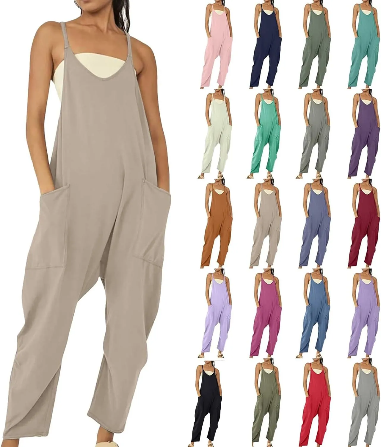 Summer Jumpsuits for Women 2025 Plus Size Sleeveless Overalls Casual Loose Comfy Spaghetti Strap Romper with Pockets