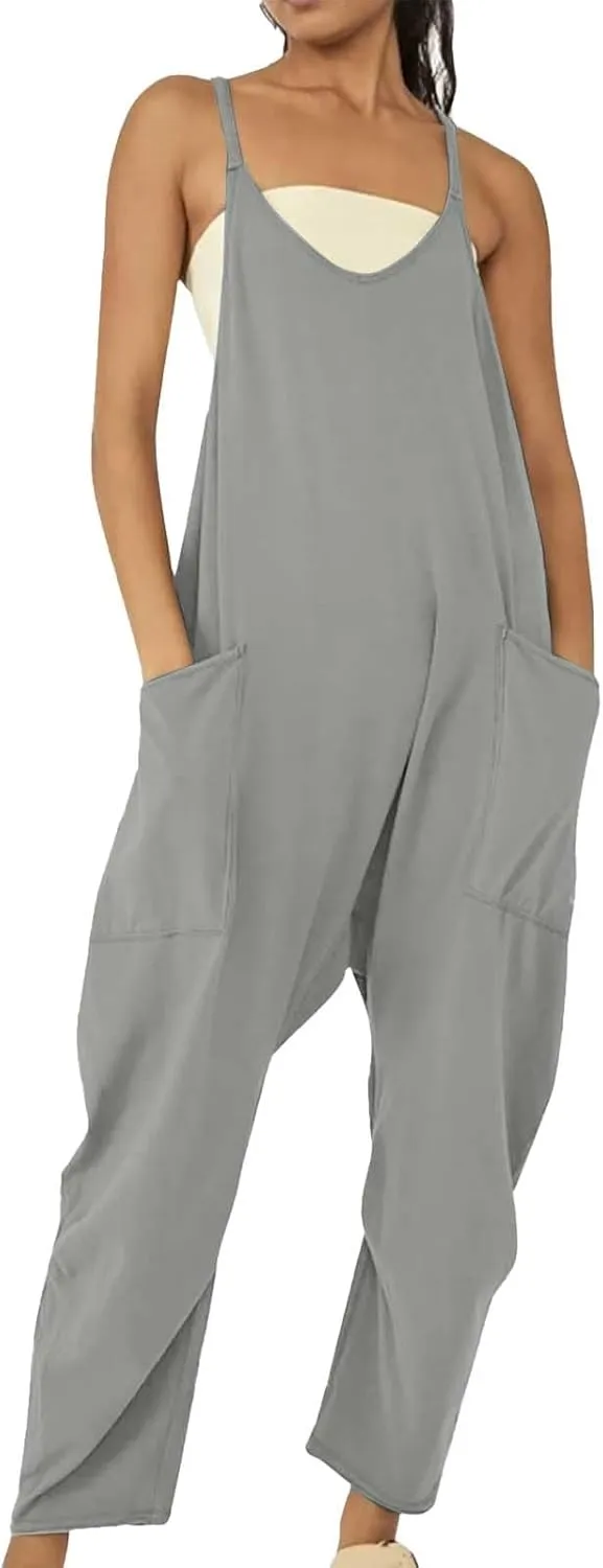 Summer Jumpsuits for Women 2025 Plus Size Sleeveless Overalls Casual Loose Comfy Spaghetti Strap Romper with Pockets
