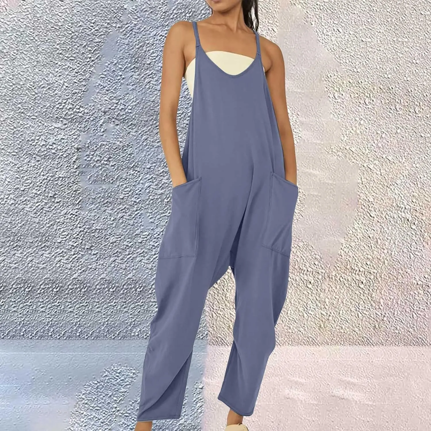 Summer Jumpsuits for Women 2025 Plus Size Sleeveless Overalls Casual Loose Comfy Spaghetti Strap Romper with Pockets
