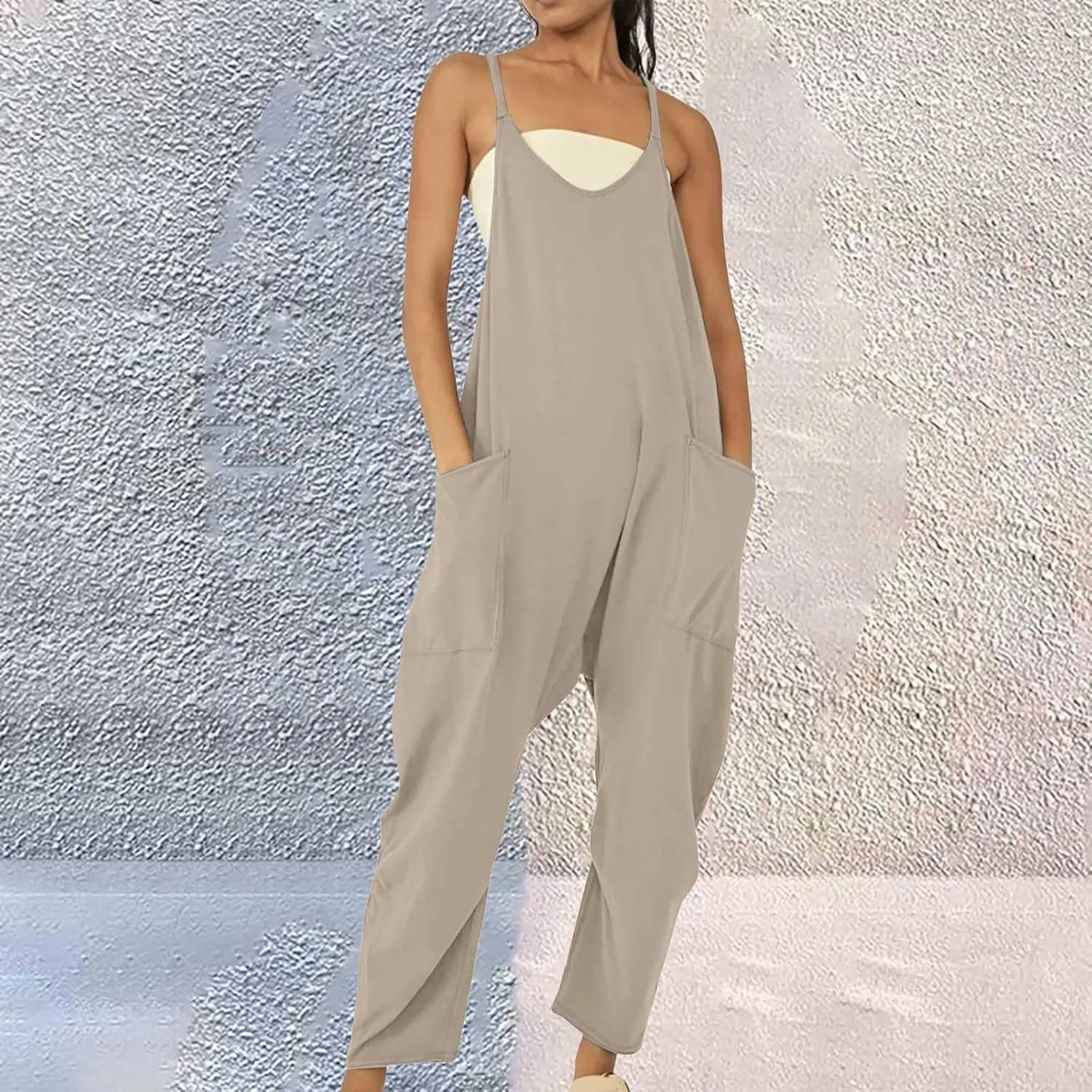 Summer Jumpsuits for Women 2025 Plus Size Sleeveless Overalls Casual Loose Comfy Spaghetti Strap Romper with Pockets