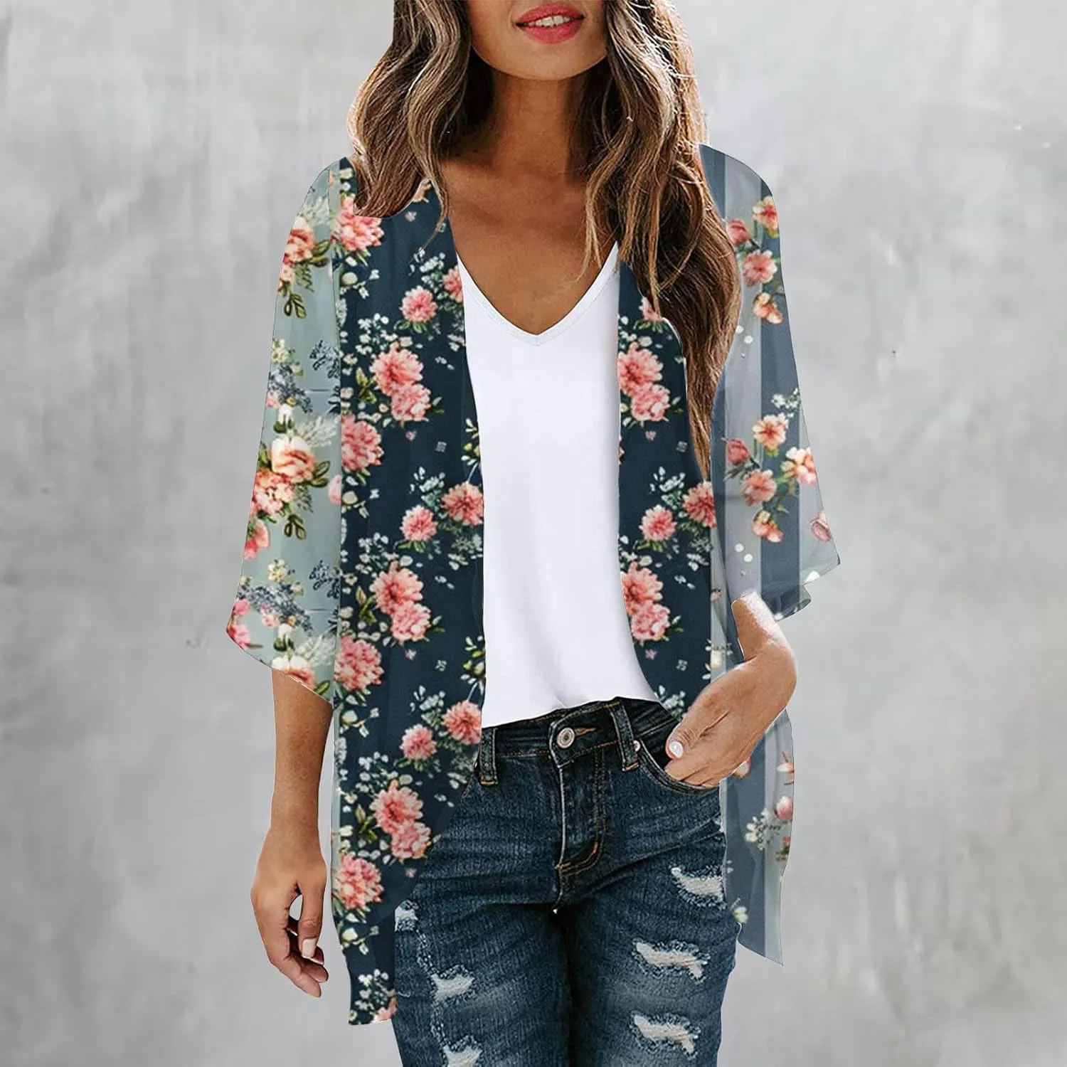 Summer Lightweight Cardigan for Women 3/4 Sleeve Chiffon Kimono Shrug Beach Cover Ups Boho Floral Swimsuit Coverup
