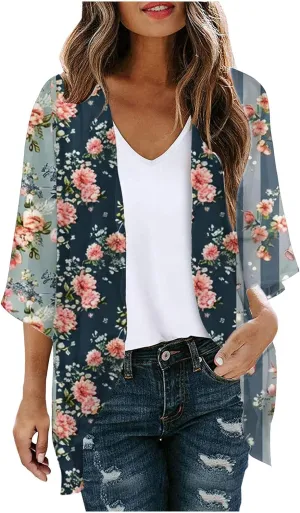Summer Lightweight Cardigan for Women 3/4 Sleeve Chiffon Kimono Shrug Beach Cover Ups Boho Floral Swimsuit Coverup