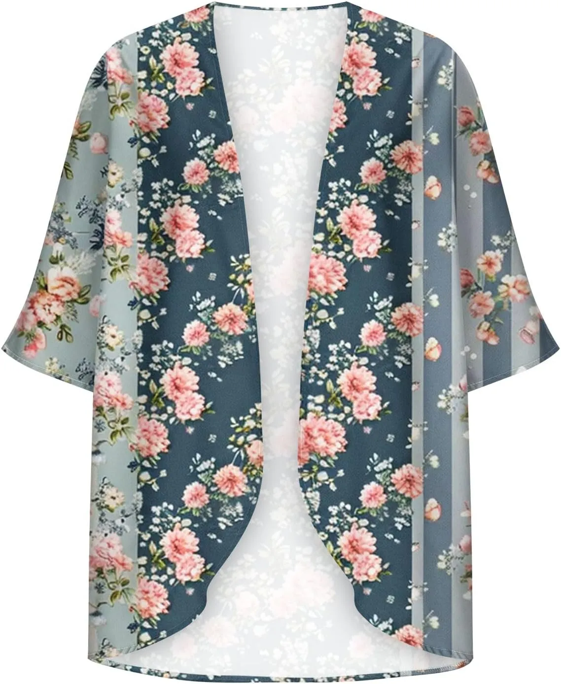 Summer Lightweight Cardigan for Women 3/4 Sleeve Chiffon Kimono Shrug Beach Cover Ups Boho Floral Swimsuit Coverup
