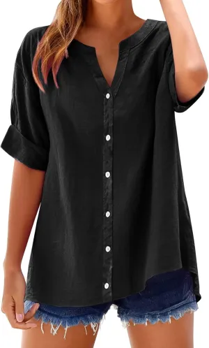 Summer Linen Work Tops for Women 2025 Trendy Button Down Plus Size V Neck Boho Clothes Spring Tops for Women