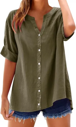 Summer Linen Work Tops for Women 2025 Trendy Button Down Plus Size V Neck Boho Clothes Spring Tops for Women
