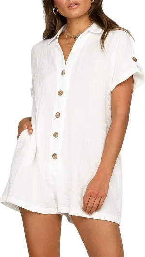 Summer Rompers for Women 2024 Trendy Casual Tshirt Shorts Jumpsuit Summer Beach Button V Neck Short Rompers