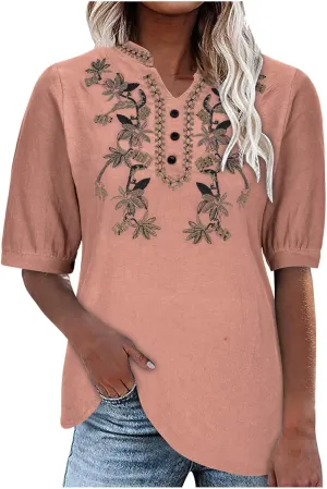 Summer Tops for Women Casual Cotton Linen Half Sleeve Tee Shirts Lightweight Mexican Embroidery Peasant Blouses
