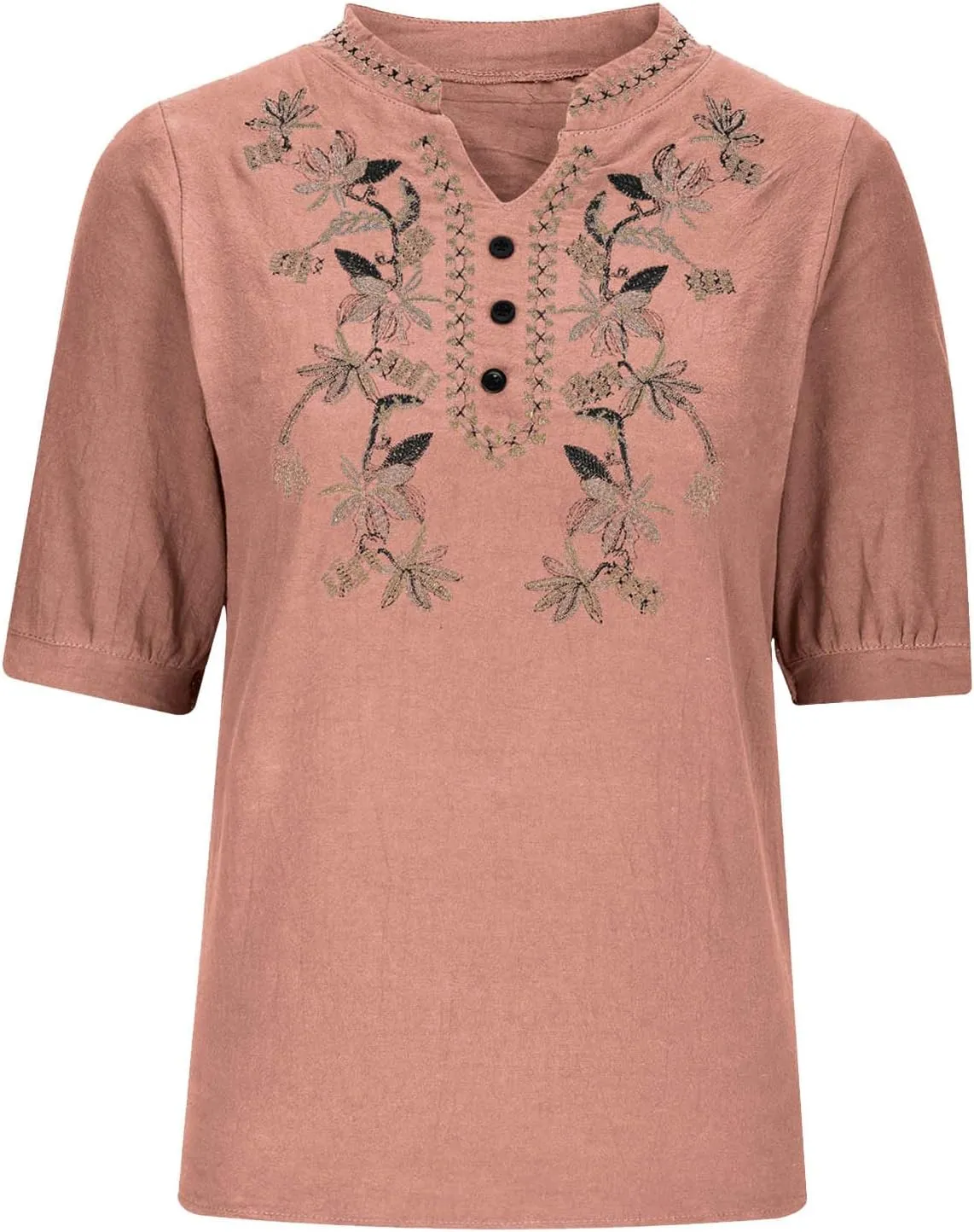 Summer Tops for Women Casual Cotton Linen Half Sleeve Tee Shirts Lightweight Mexican Embroidery Peasant Blouses