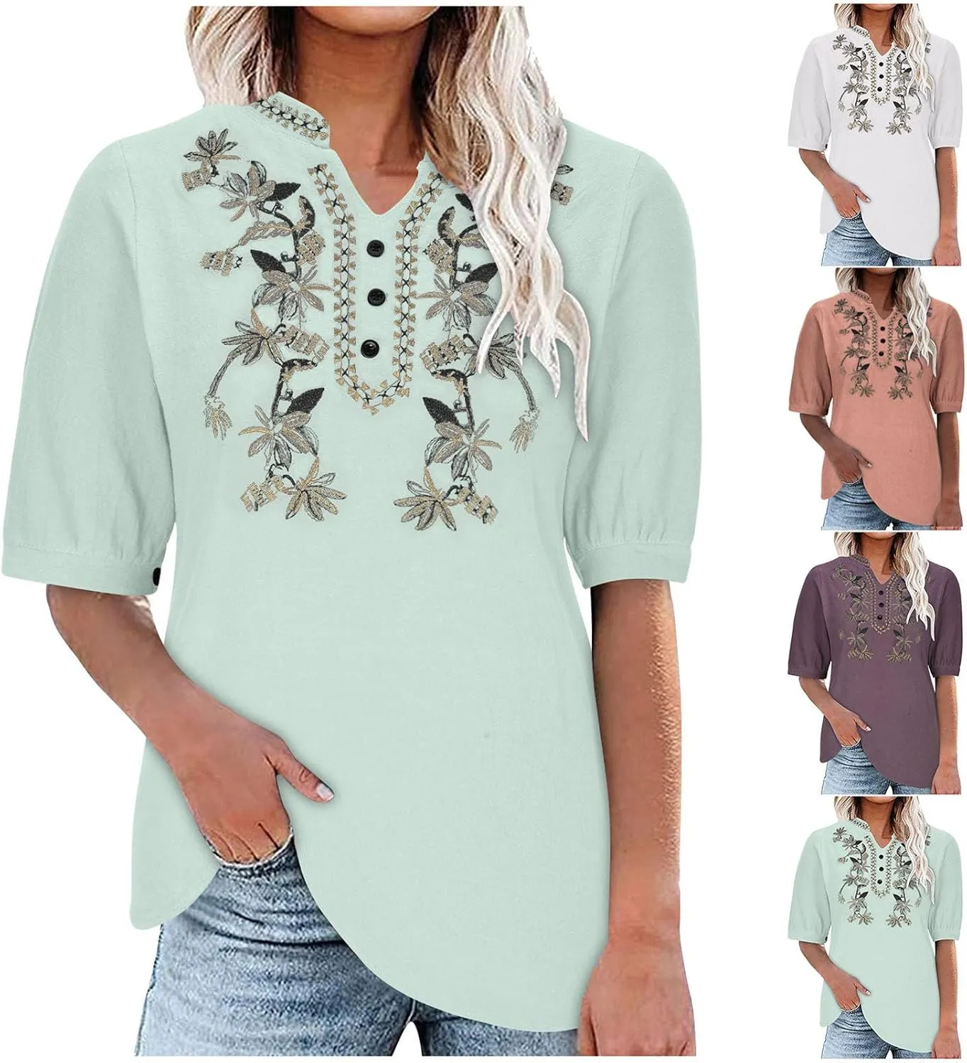 Summer Tops for Women Casual Cotton Linen Half Sleeve Tee Shirts Lightweight Mexican Embroidery Peasant Blouses