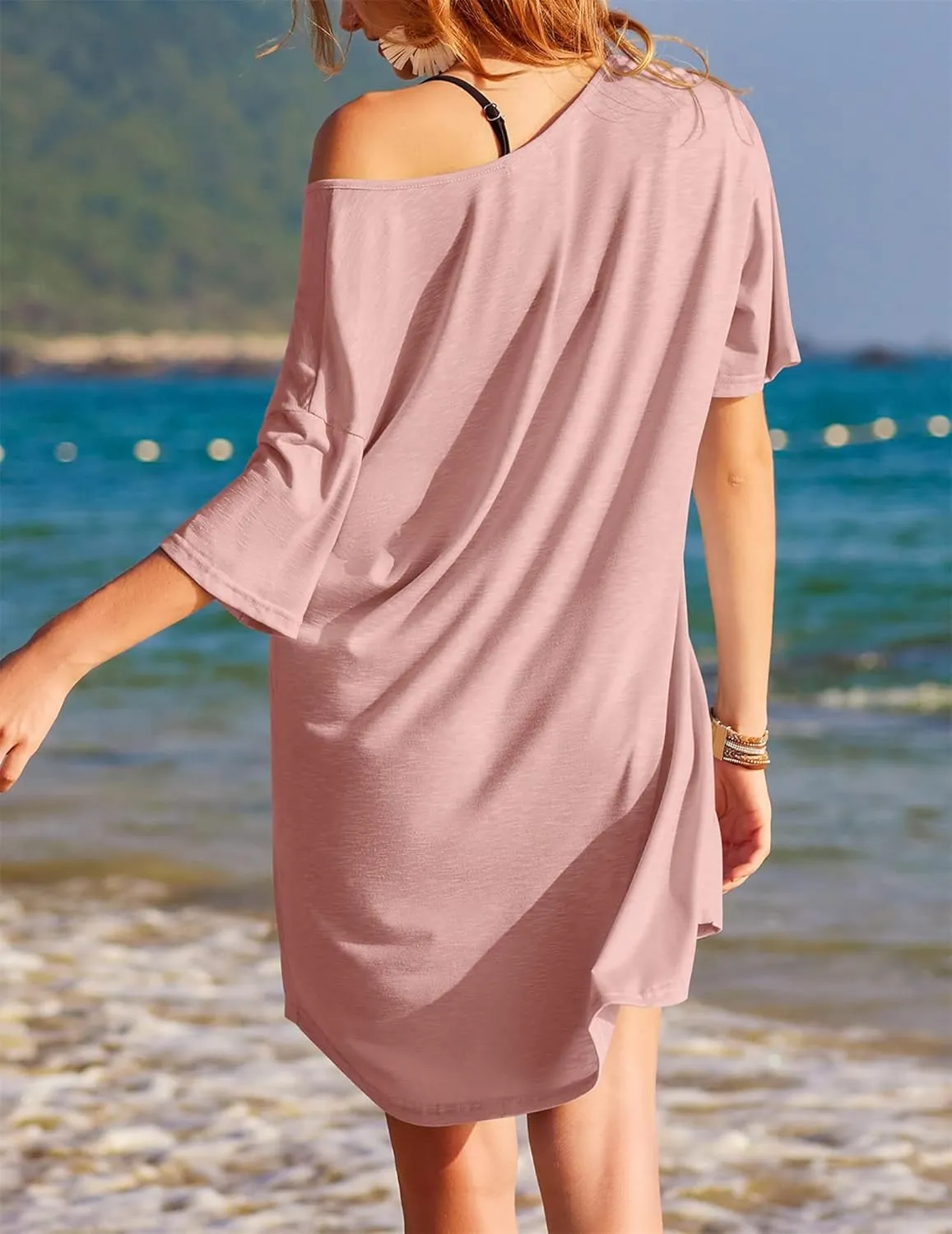 Swimsuit Cover Up for Women Beach Casual Loose Short Sleeve V Neck T Shirt Sleepshirts Bathing Suit Coverup Beachwear