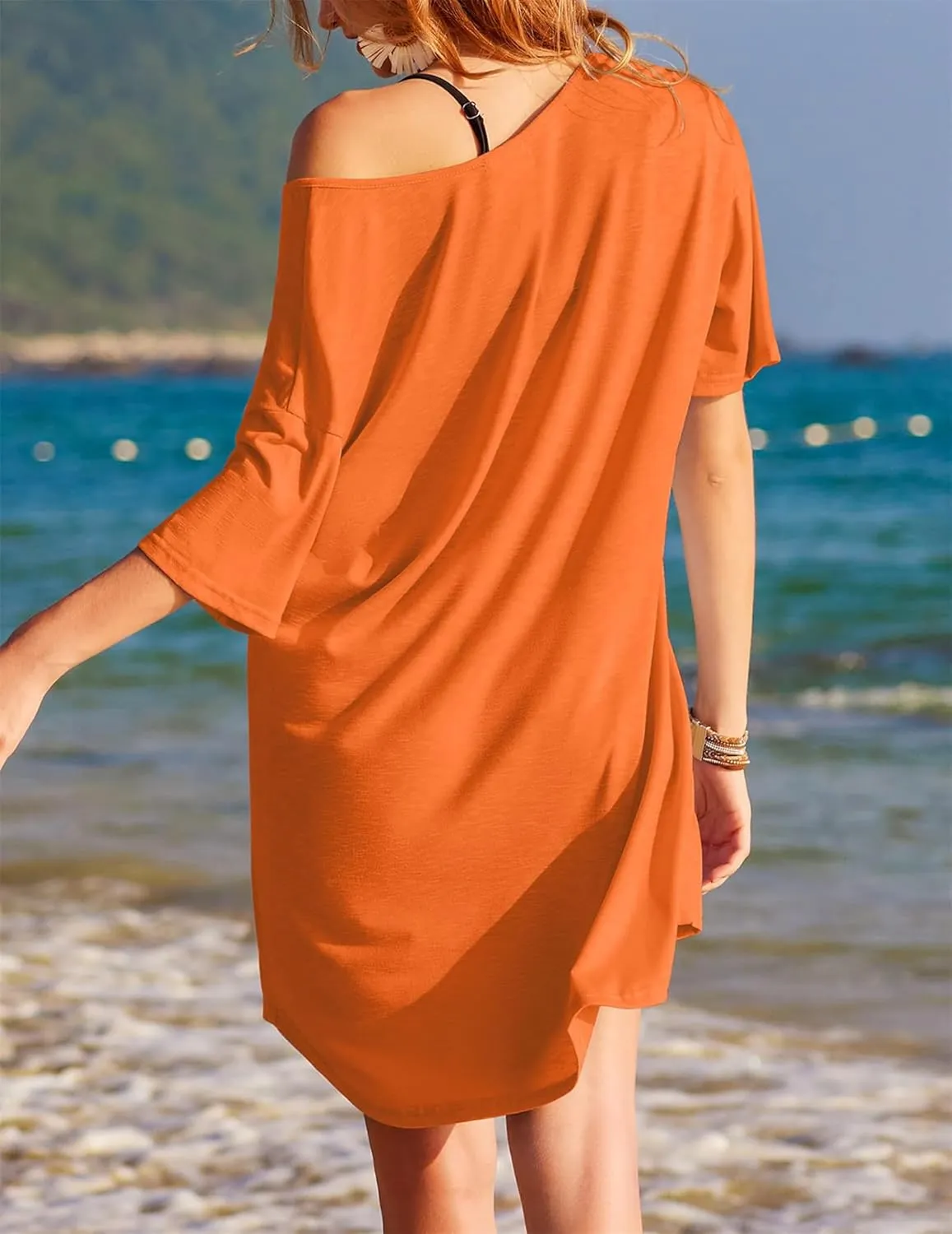 Swimsuit Cover Up for Women Beach Casual Loose Short Sleeve V Neck T Shirt Sleepshirts Bathing Suit Coverup Beachwear