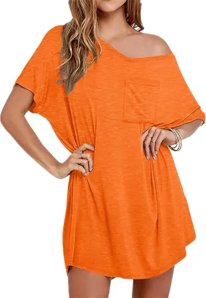 Swimsuit Cover Up for Women Beach Casual Loose Short Sleeve V Neck T Shirt Sleepshirts Bathing Suit Coverup Beachwear