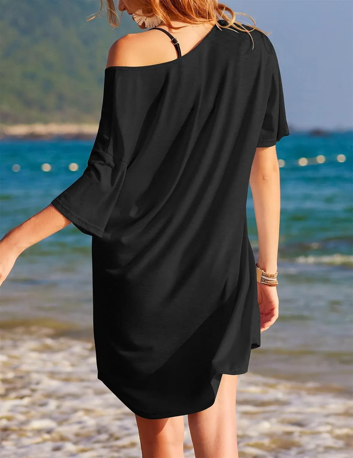 Swimsuit Cover Up for Women Beach Casual Loose Short Sleeve V Neck T Shirt Sleepshirts Bathing Suit Coverup Beachwear