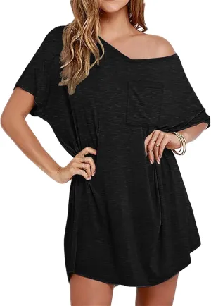 Swimsuit Cover Up for Women Beach Casual Loose Short Sleeve V Neck T Shirt Sleepshirts Bathing Suit Coverup Beachwear