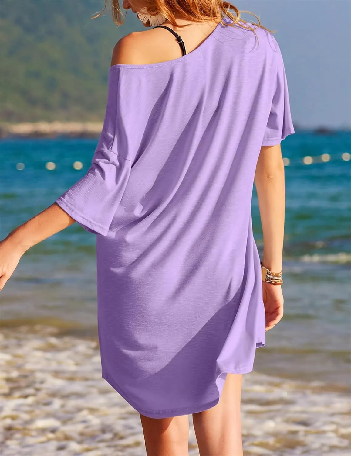 Swimsuit Cover Up for Women Beach Casual Loose Short Sleeve V Neck T Shirt Sleepshirts Bathing Suit Coverup Beachwear