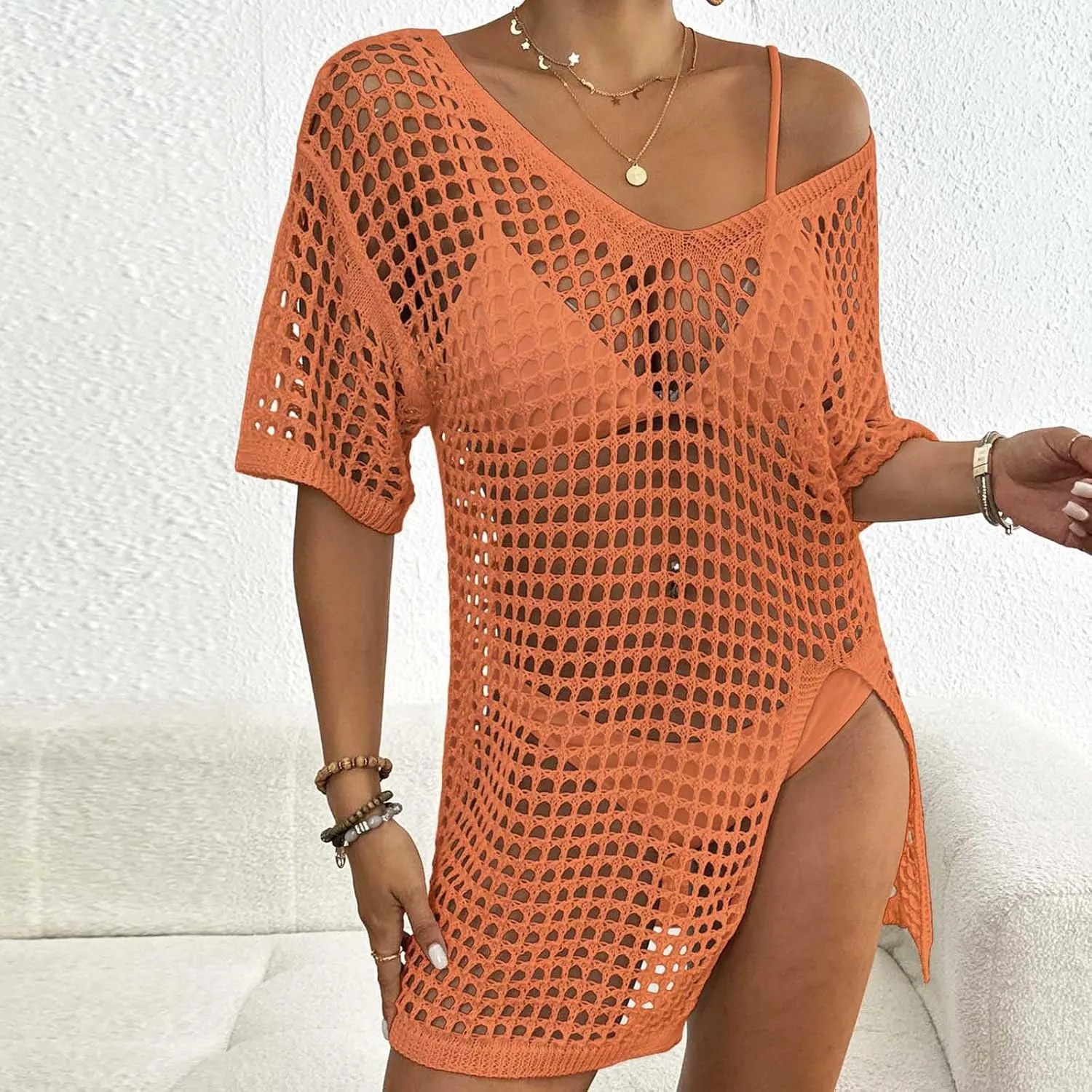 Swimsuit Coverup for Women Crochet Top Side Split Swim Bikini Bathing Suit Beachwear Loose Fit Summer Holiday Outfit