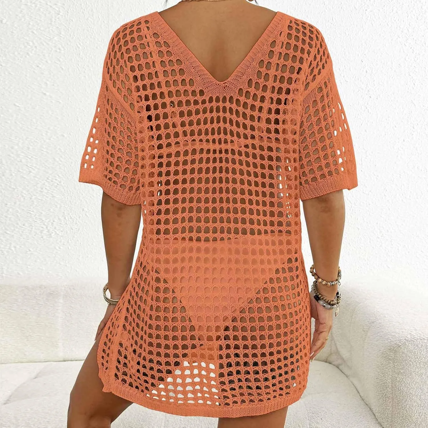 Swimsuit Coverup for Women Crochet Top Side Split Swim Bikini Bathing Suit Beachwear Loose Fit Summer Holiday Outfit