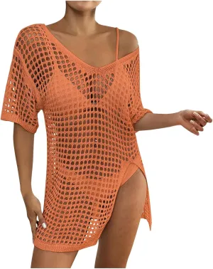 Swimsuit Coverup for Women Crochet Top Side Split Swim Bikini Bathing Suit Beachwear Loose Fit Summer Holiday Outfit