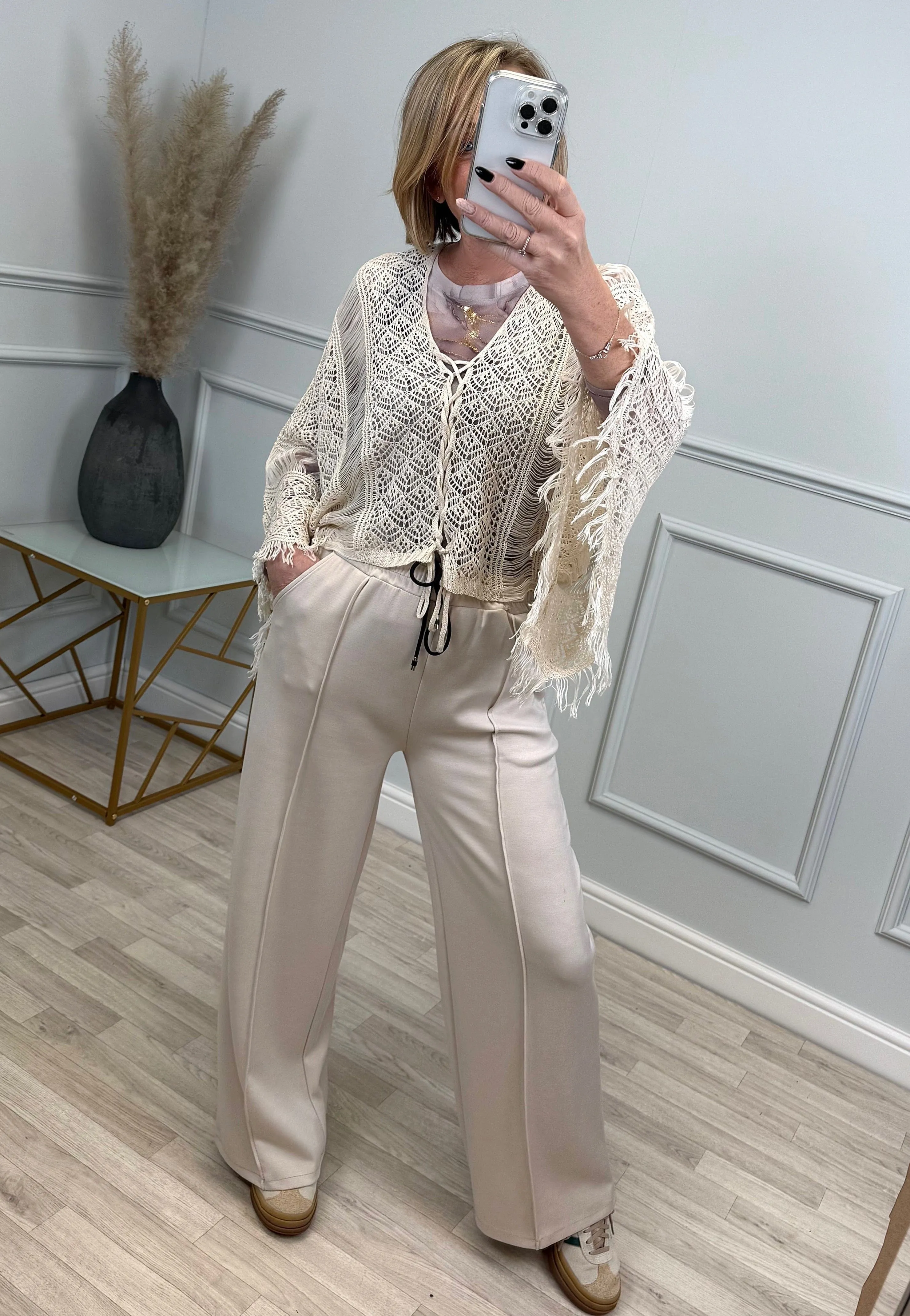 Talia Crochet Lace Top with Fringe Detail Cream