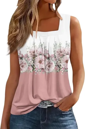 Tank Tops for Women 2025 Summer Outfits Loose Fit Pleated Square Neck Sleeveless Tops Casual Tunic Blouses