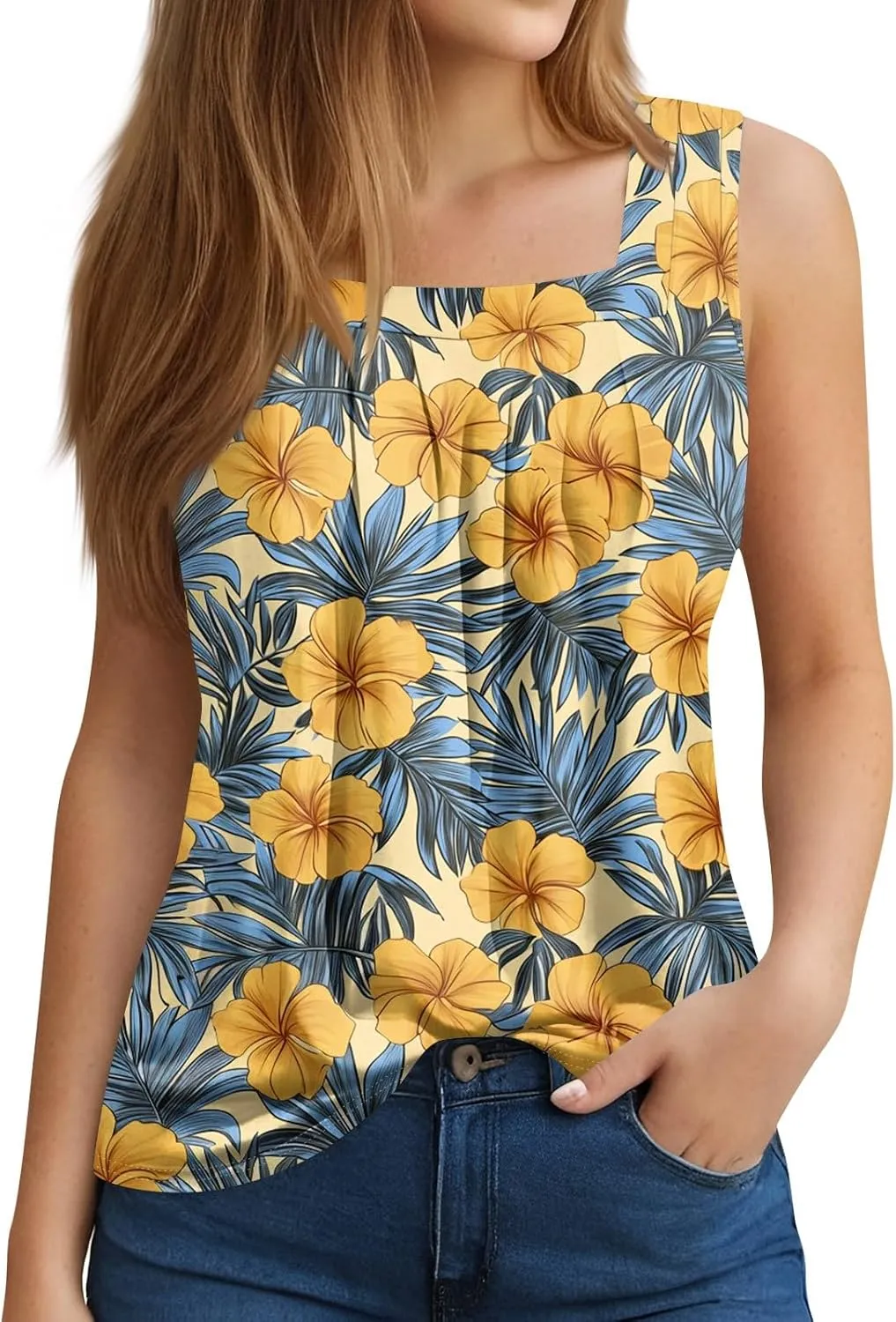 Tank Tops for Women 2025 Summer Outfits Loose Fit Pleated Square Neck Sleeveless Tops Casual Tunic Blouses