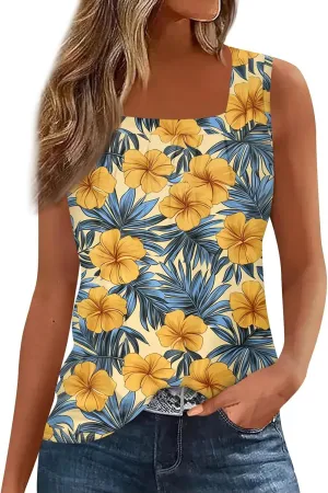 Tank Tops for Women 2025 Summer Outfits Loose Fit Pleated Square Neck Sleeveless Tops Casual Tunic Blouses