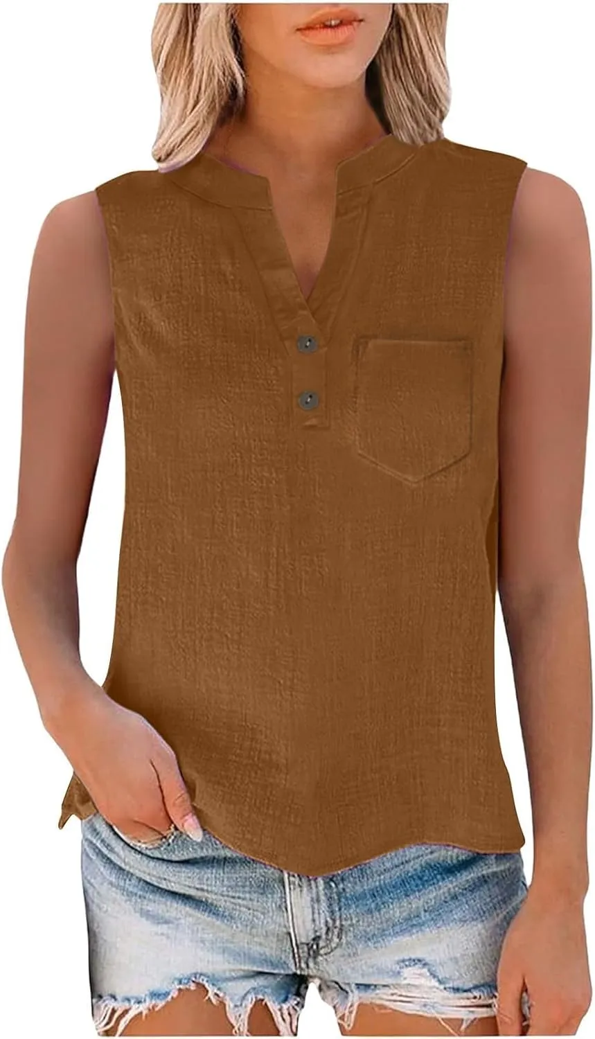 TARIENDY Tank Top for Women Loose Fit V Neck Sleeveless Shirts Trendy 2025 Button Down Beach Vacation Outfits with Pocket