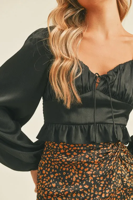 The Serene Black Satin Cropped Long Sleeve Top