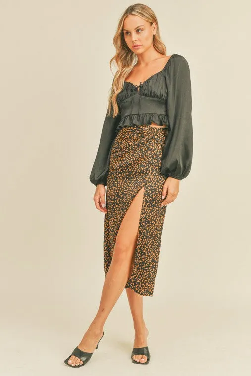 The Serene Black Satin Cropped Long Sleeve Top