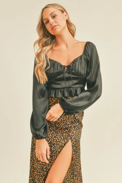 The Serene Black Satin Cropped Long Sleeve Top