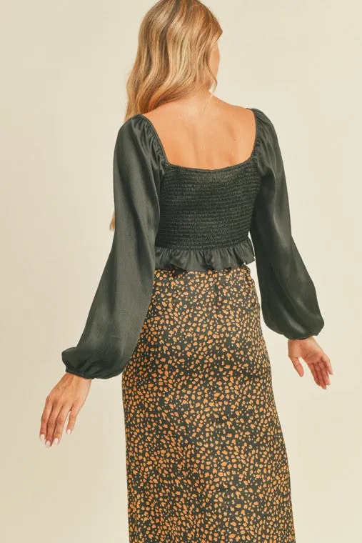 The Serene Black Satin Cropped Long Sleeve Top