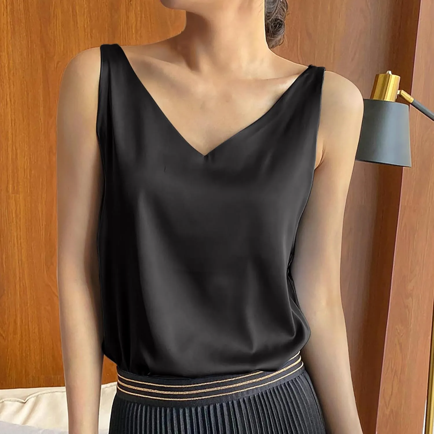 Tops for Women Fashion Summer Sleeveless Silk Satin Tank Tops Casual Dressy Camisole Blouses Solid V Neck Basic Shirts
