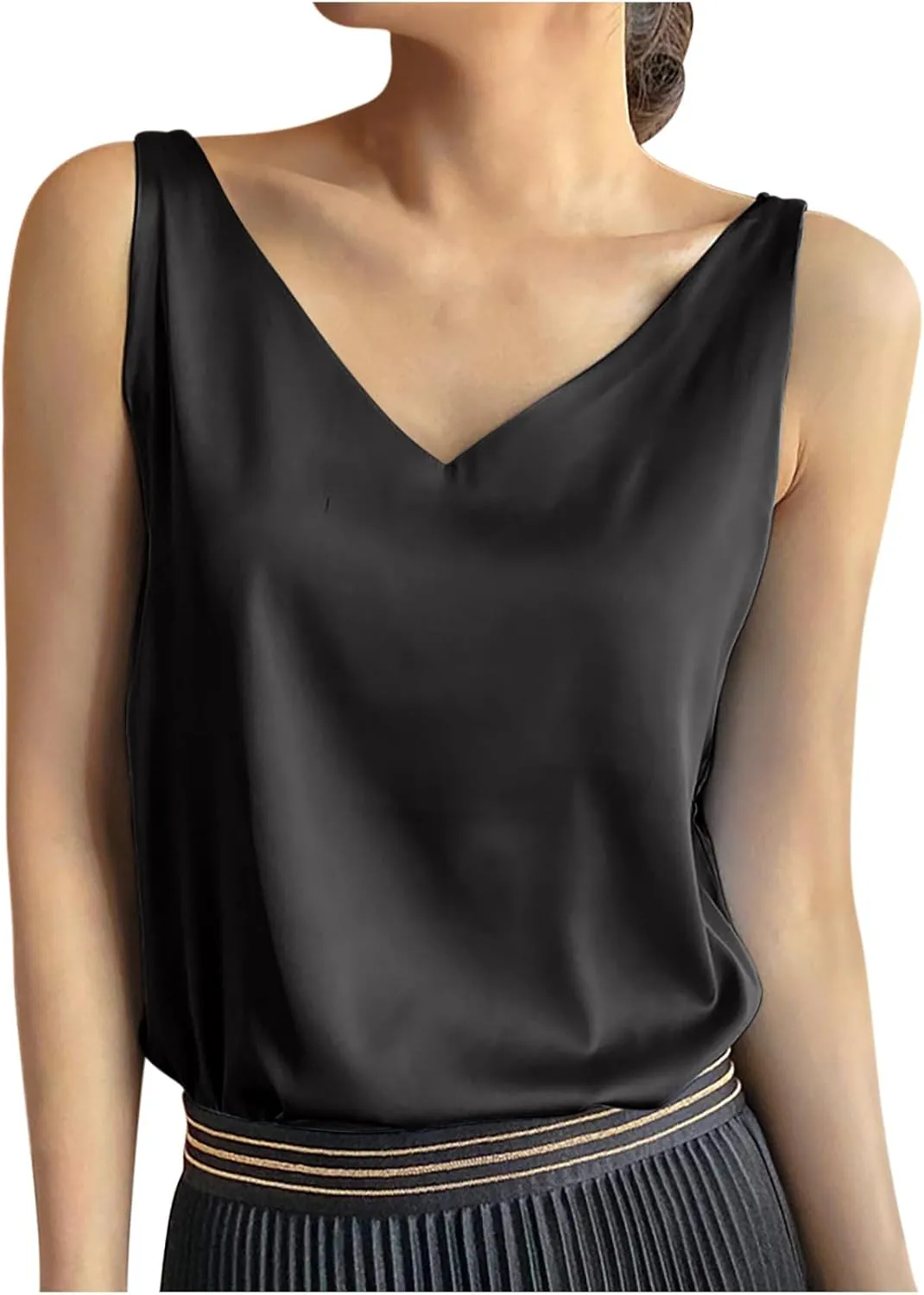 Tops for Women Fashion Summer Sleeveless Silk Satin Tank Tops Casual Dressy Camisole Blouses Solid V Neck Basic Shirts