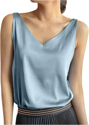 Tops for Women Fashion Summer Sleeveless Silk Satin Tank Tops Casual Dressy Camisole Blouses Solid V Neck Basic Shirts