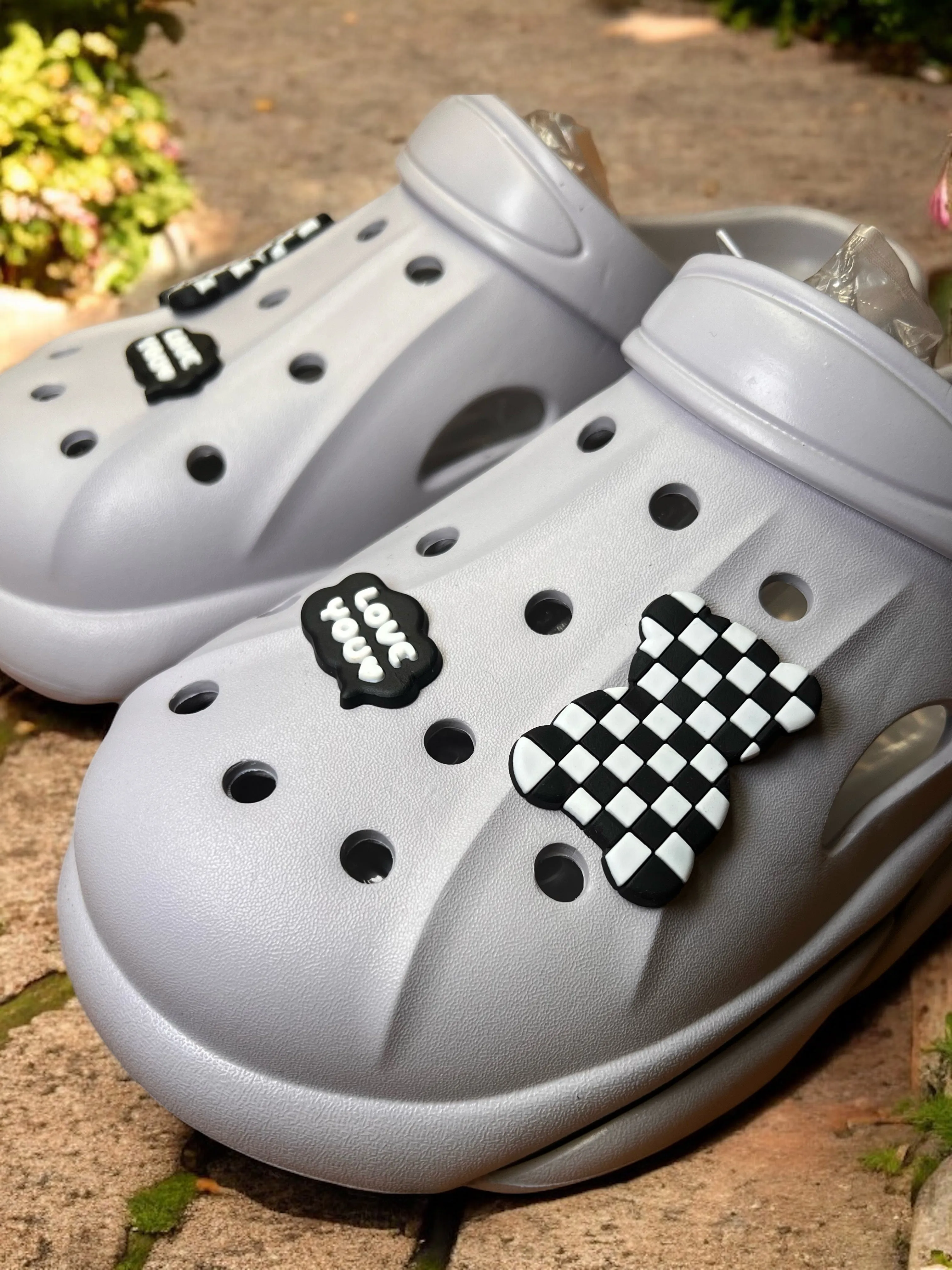 Trendy Slip-On Crocs with Checkerboard Charm and “Love You” Accent