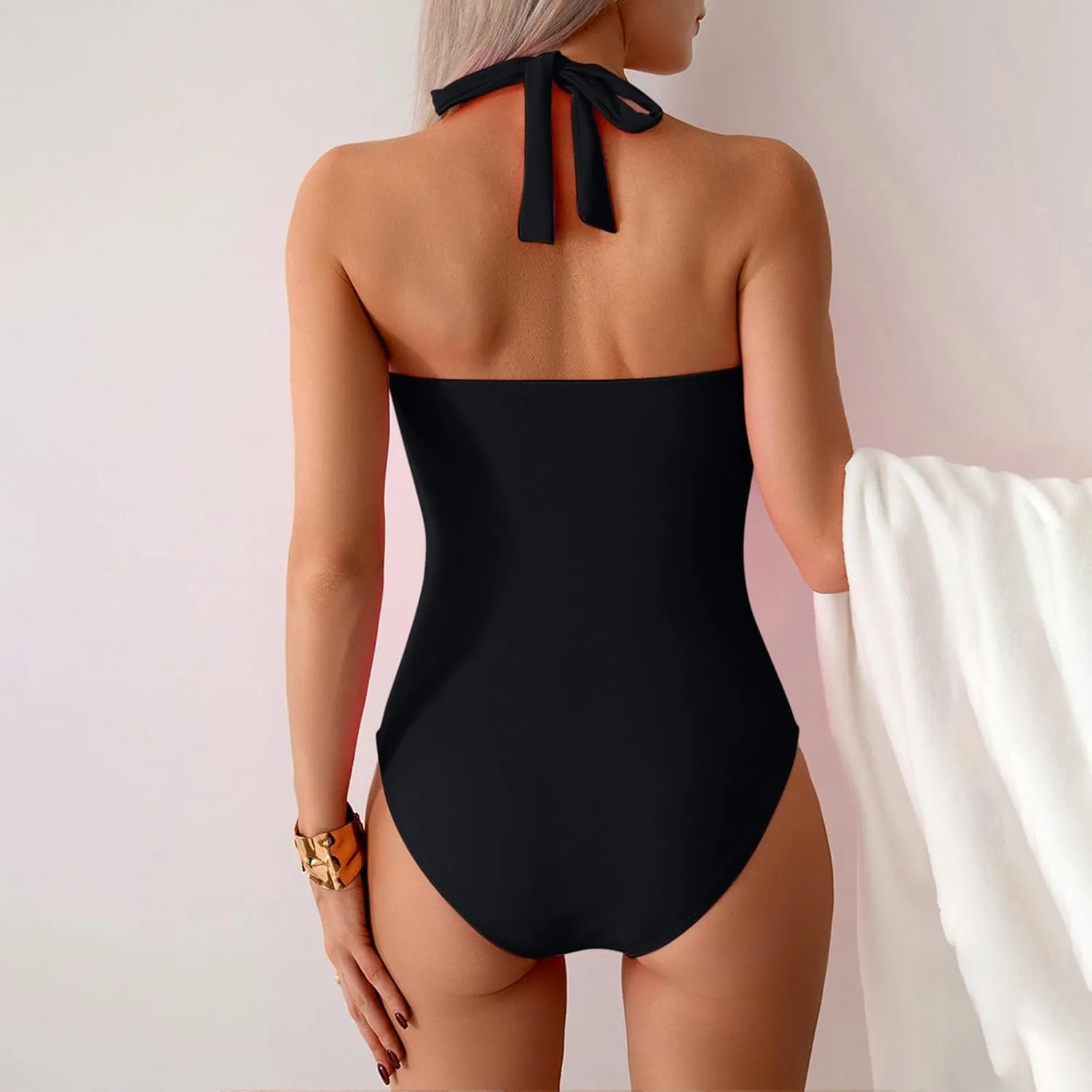 Tummy Control One Piece Swimsuit for Women Vintage Bathing Suits Ruched Swimwear Halter V Neck Backless Beachwear