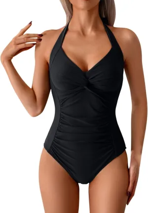 Tummy Control One Piece Swimsuit for Women Vintage Bathing Suits Ruched Swimwear Halter V Neck Backless Beachwear