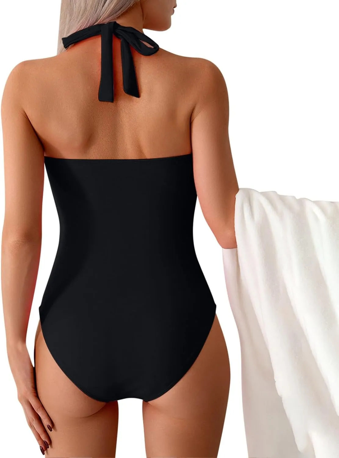 Tummy Control One Piece Swimsuit for Women Vintage Bathing Suits Ruched Swimwear Halter V Neck Backless Beachwear