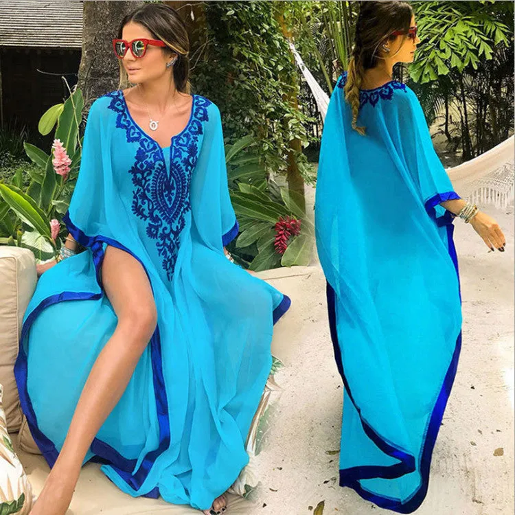 Turkish Style Chiffon Embroidered Bikini Cover Dress