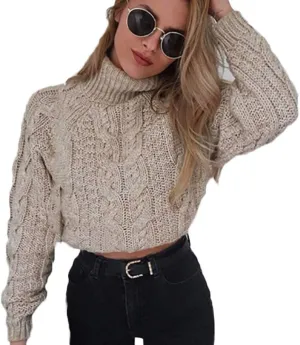 Turtleneck Oversized Sweaters Casual Long Sleeve Cropped Chunky Knit Jumper Tops