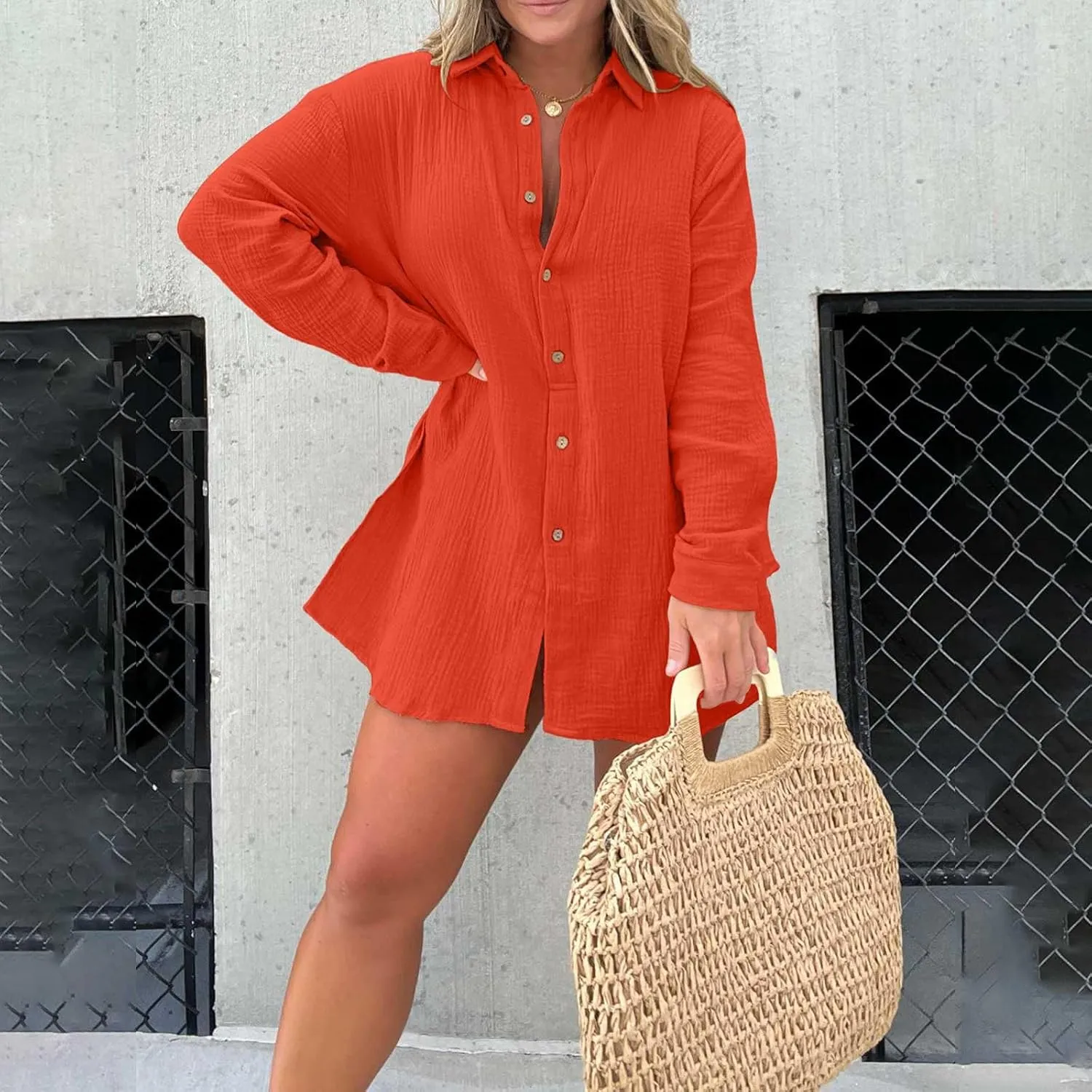 Two Piece Set for Women Long Sleeve Button Down Side Slit Shirts High Waist Casual Shorts Tracksuit 2024 Summer Resort Wear