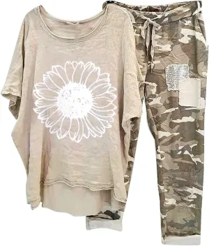 Two Piece Summer Outfits for Women Casual Cotton Linen Sets Oversized T Shirts Camo Capri Pants 2025 Resort Wear