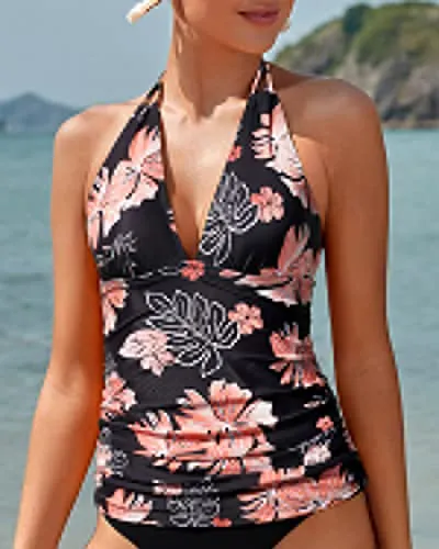 V Neck Halter Tankini Top Self Tie Adjustable Straps Backless Swimsuit-Black Orange Floral