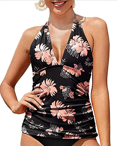 V Neck Halter Tankini Top Self Tie Adjustable Straps Backless Swimsuit-Black Orange Floral