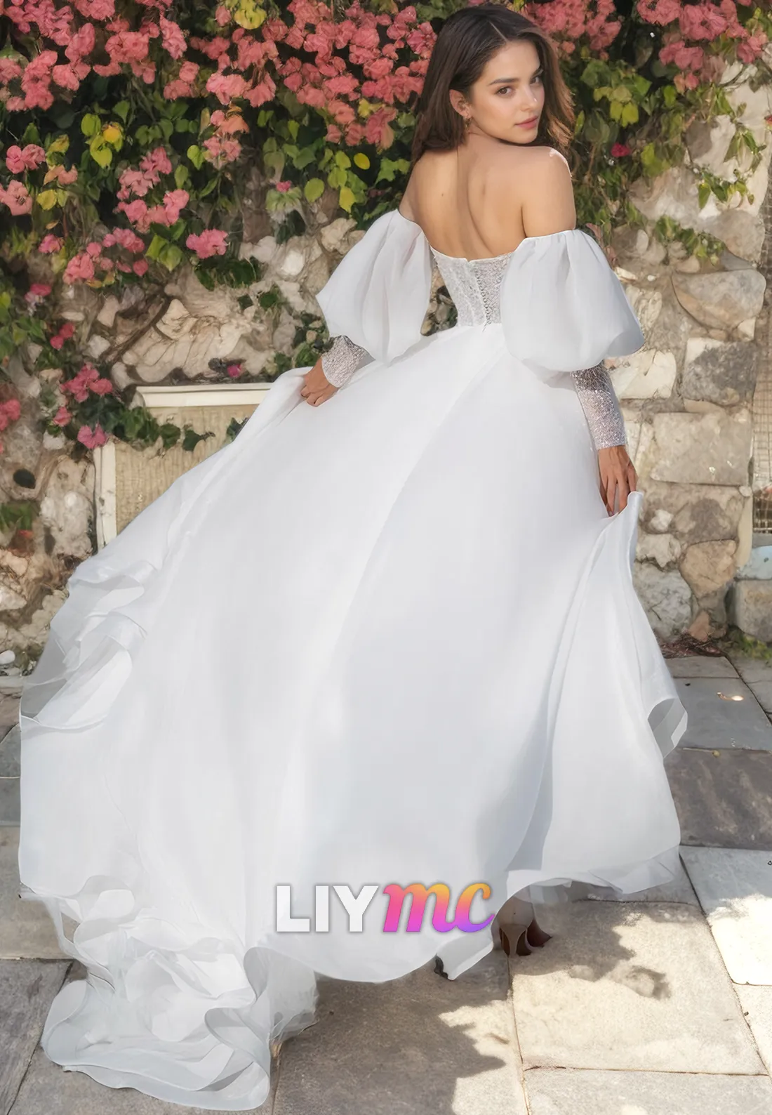 V-Neck Long Sleeves Chiddon High Slit Beach Wedding Dress