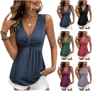 V Neck Tank Tops for Women Twist Front Sleeveless Tops Flowy Peplum Shirts Dressy Casual Elegant Top Vacation Shirt