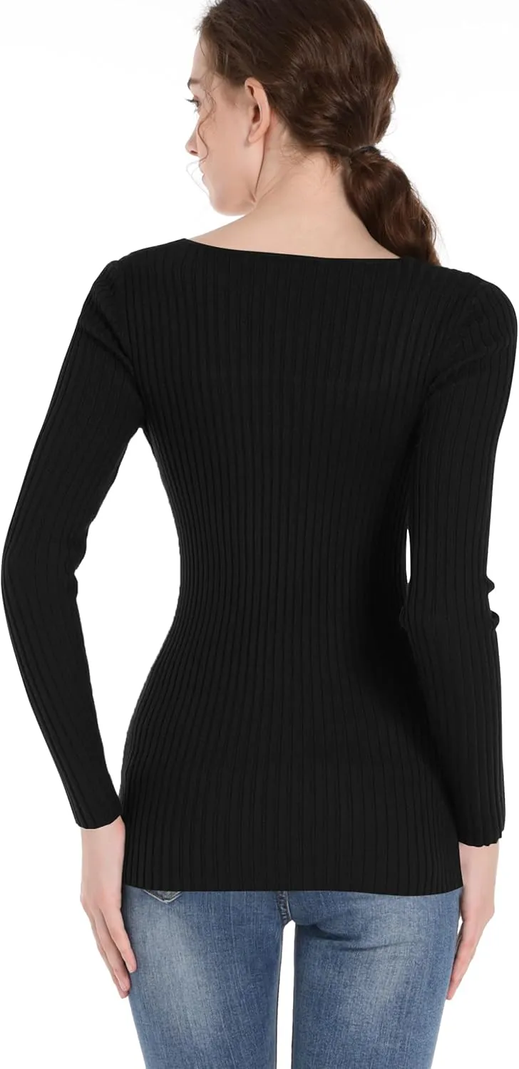 v28 Women Square Neck Knit Elasticity Stretchable Long Sleeve Slim Sweater Tops