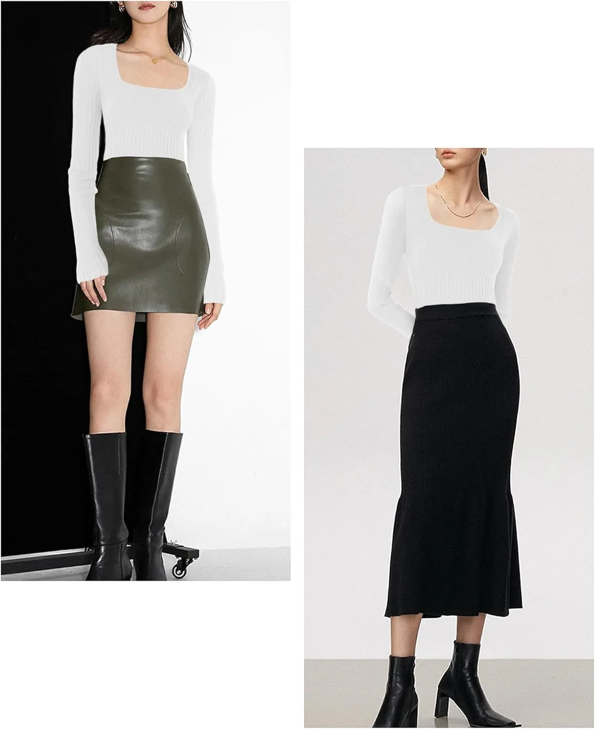 v28 Women Square Neck Knit Elasticity Stretchable Long Sleeve Slim Sweater Tops
