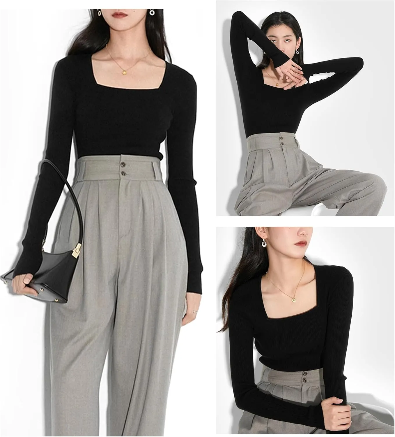 v28 Women Square Neck Knit Elasticity Stretchable Long Sleeve Slim Sweater Tops